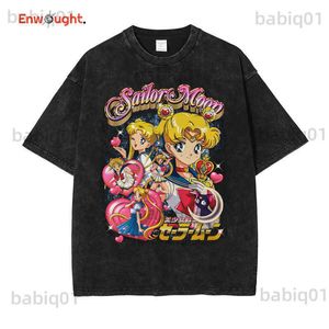 T-shirts pour hommes Anime Sailor Moon T-shirts Vintage Washed Tsukino Usagi Girl T-shirts graphiques surdimensionnés Streetwear Manga Tops à manches courtes T230321
