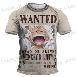T-shirts masculins anime t hommes T-shirt One Piece Monkeydluffy Gear Fifth Luffy T-shirt Boy Clothes Boys T-shirts Childrens Clothing Man Tops T240419