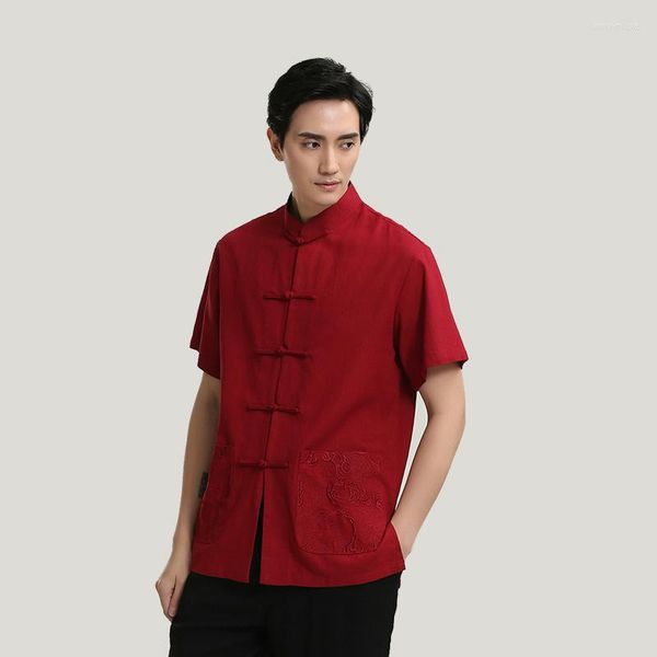 T-shirts pour hommes arrivée Costume National chinois été Style broderie poche Blouse solide coton lin chemise hauts