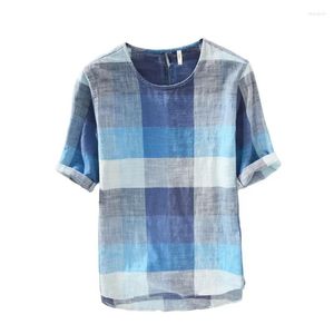 T-shirts pour hommes artistique coton lin Plaid à manches courtes ample décontracté carré couleur unie polyvalent grand T-shirt