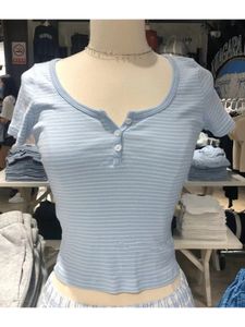 Men s t Shirts Atasan Potong Ramping Bergaris Klasik Wanita Kaus Lengan Pendek Katun Lembut Leher O Kancing Musim Panas Mode Manis C Y2K 230517