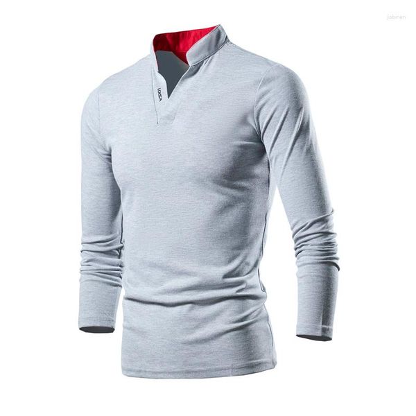 Camisetas para hombre, camiseta de algodón de otoño e invierno, Color sólido, manga larga, cuello en V, jersey de moda, Top informal ajustado