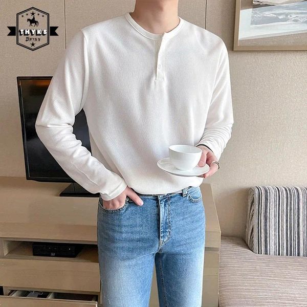 T-shirts pour hommes Automne Bouton Décolleté Chemise Hommes Harajuku Simple Polyvalent Avancé Sense Tops Mâle Casual Solid Slim Pull