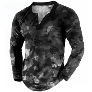 T-shirts pour hommes Automne Camouflage 3D Imprimer Henley Mode Streetwear Vintage Boutonné Chemise à manches longues Homme Tees Tops Vêtements