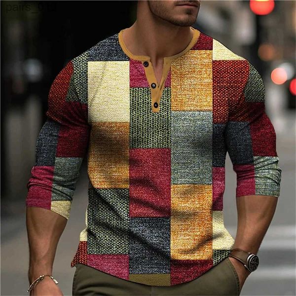 Camisetas para hombres Pegatina de bloque de color otoño 3D Impresión Henry Camisa Fashion Botón retro Muella de manga larga Camiseta Mens YQ240415