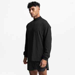 Camisetas de otoño para hombre, Camiseta de algodón con hombros caídos y cuello simulado, camiseta holgada de manga larga para hombre de gran tamaño, camiseta deportiva de Hip-Hop para Fitness