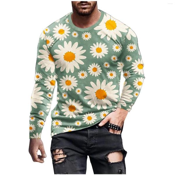 T-shirt à manches longues et col rond pour homme, vêtement décontracté, à la mode, avec impression de fleurs en 3D, Y2K, automne