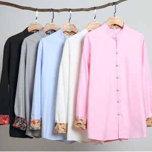 Camisetas para hombre, camisa de manga larga de otoño, blusa suelta mejorada china tradicional, camisetas de algodón para hombre