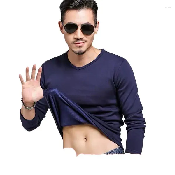 Camisetas para hombre, ropa térmica cálida de algodón grueso de manga larga para otoño, camisetas ajustadas con cuello en V que combinan con todo, de talla grande M-8XL 2023