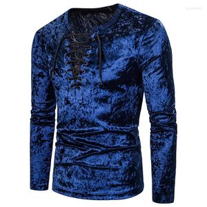 Heren t shirts herfst mannen lange mouwen flanellen velours shirt vaste kleur trekstring slanke fit hiphop streetwear swag fluwelen tops