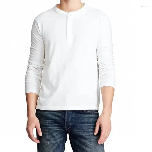 T-shirts pour hommes Automne Plain Weave Tissu Coton Hommes T-shirt Cheval T-shirts à manches longues Casual O-Cou Bouton Homme Chemise de fond respirante