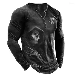 T-shirts pour hommes Automne Skull Henley King 3D Imprimer Streetwear Mode Vintage Chemise boutonnée à manches longues Homme Tees Tops Vêtements