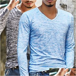 T-shirts pour hommes Automne Slim Streetwear Col V T-shirt Hommes Casual Fitness Tops Tees Vintage Bleu Manches Longues Plover Homme Plus Taille Drop Dhwlw