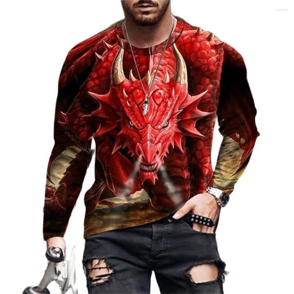 Camisetas de hombre, camisetas de otoño, camisetas de manga larga con cuello redondo con estampado de animales en 3d, camiseta informal de calle Vintage, camiseta de gran tamaño, ropa para hombre