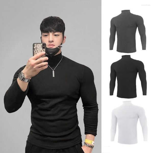 Camisetas para hombre, Otoño Invierno, cuello alto, camiseta de manga larga para hombre, ropa deportiva de marca a la moda, ropa deportiva, medias elásticas