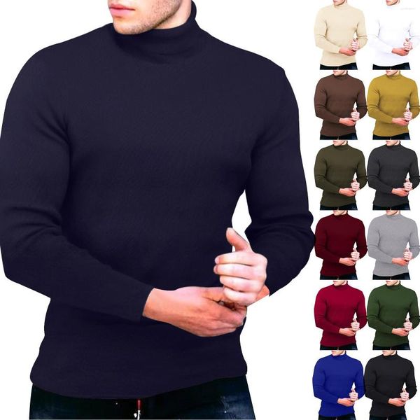 T-shirts pour hommes automne hiver à manches longues col roulé T-Shirt solide coupe ajustée sommets mâle décontracté basique Stretch T-Shirt haut