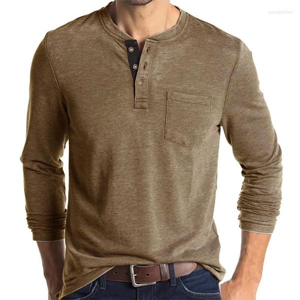 Camisetas para hombre Otoño Invierno Tamaño de EE. UU. 2XL 65% Algodón 35% Poliéster Manga larga Camisa Henley informal para hombres Calidad Tops masculinos Tela clásica