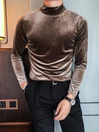 T-shirts pour hommes automne hiver chaud chemise de fond affaires vêtements professionnels avec couleur unie mince mi-cou flanelle manches longues t-shirt