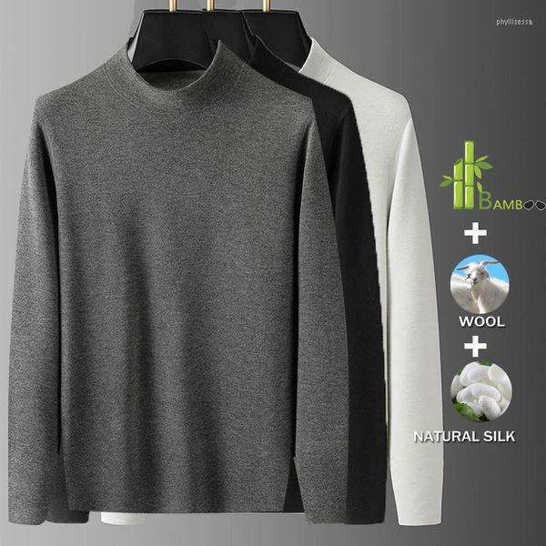 Camisetas para hombre Fibra de bambú 68% Lana 2.5% Seda Camiseta ultra suave para hombre Camiseta básica informal de manga larga de lana Camiseta interior de cuello alto