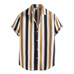 Camisetas para hombre Básicas con botones a rayas que combinan con todo Casual Moda para hombre Étnico Retro Manga corta Impresión Camisa hawaiana Comdy