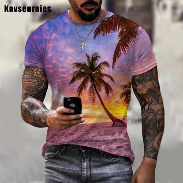 Camisetas para hombres Beach Sunset Unisex Shirt Summer Coconut Palm Tree 3d T-Shir Hombres Cuerpo redondo casual Camiseta de manga corta