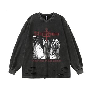 T-shirts voor heren Zwart Empire Ripped T-shirts Goth Mannen met lange mouwen Y2k Grunge T-shirts Oversized Retro Herenkleding Harajuku Anime Streetwear Tops 230912