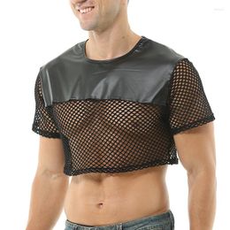 T-shirts pour hommes Noir Hommes Voir à travers la maille à manches courtes Col rond Crop Top Muscle T-shirt Night Club Party Undershirts Clubwear PU