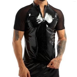 T-shirts pour hommes Noir Mens Chemise brillante Wetlook Cuir Manches courtes T-shirt sexy T-shirts Sheer Mesh Zipper T-shirts Tops Clubwear Casual