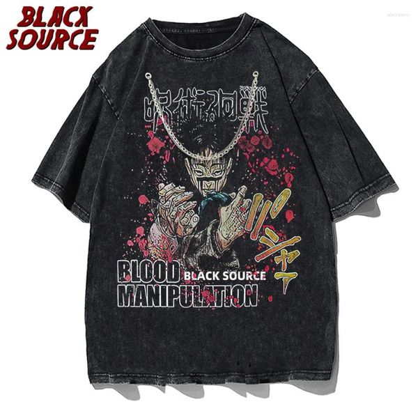 T-shirts pour hommes Black Source Harajuku T-shirt lavé Vintage Hommes Femmes Hip Hop Oversize Streetwear Anime Graphic Print Shirt Tee-shirt à manches courtes