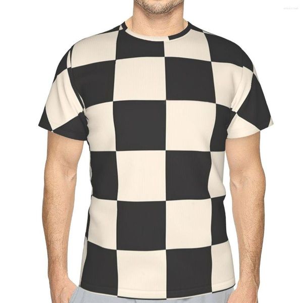 Camisetas para hombre, camisetas de poliéster a cuadros en blanco y negro, ropa de calle Harajuku para hombre, camisa fina con cuello redondo