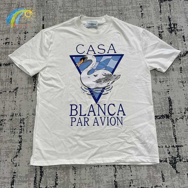 Camisetas de hombre Negro Blanco Verano CASABLANCA Camisetas Hombre Mujer Moda Suelta Casual Pareja Manga corta Mejor calidad Flor Camiseta con estampado de dibujos animados