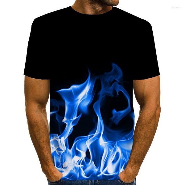 T-shirts pour hommes impression 3D numérique flamme bleue hommes T-shirt à manches courtes t-shirt décontracté O cou vêtements d'été grande taille M à 6XL