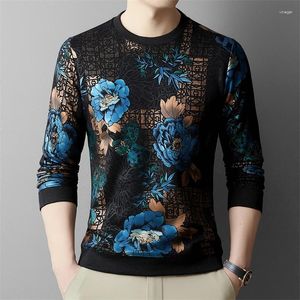 T-shirts voor heren Blauw Bloemenprint Fluwelen overhemd voor heren Lange mouw Luxe Casual Winter Dikke kwaliteit Zacht Comfortabel 4XL Camisetas De