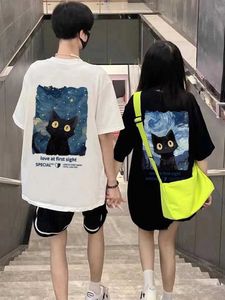 T-shirts masculins Blue Sky Cat Imprimé assorti de petit ami et petite amie T-shirt Top Top Mens Summer Coton Coton T-shirt à manches courtes Y240522