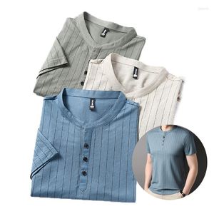 Camisetas de marca para hombre, camiseta informal de manga corta con botones y cuello simulado con estampado de rayas para hombre, camiseta Henley verde caqui ajustada