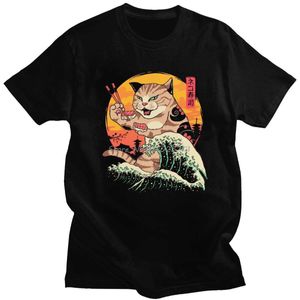T-shirts voor heren gloednieuw T-shirt Men Katoen Neko Sushi Wave T-shirts Korte Slves Japan Retrowave Feline Cat Graphic TS Summer andise T240510