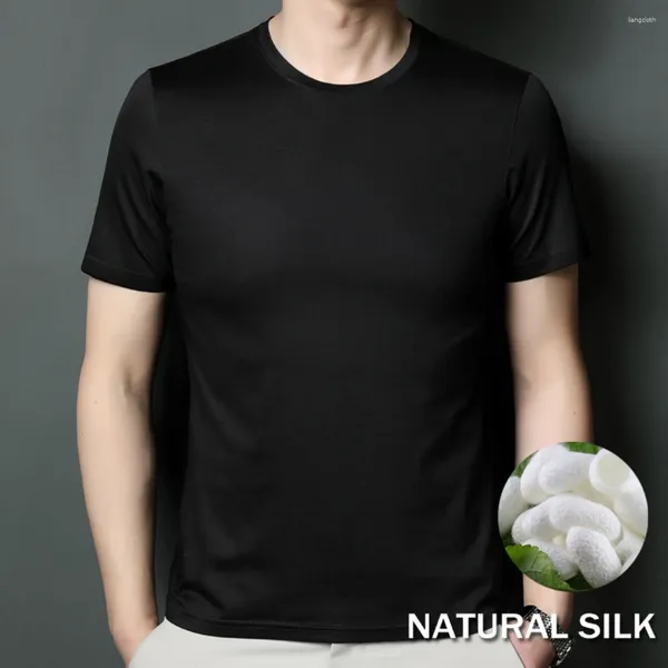 Camisetas para hombre Camisa de mezcla de algodón, seda y lyocell transpirable, camiseta con cuello redondo, ropa ligera de verano blanca y azul sólida de alta calidad 2023