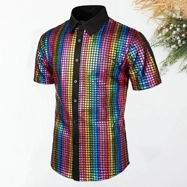 Camisetas para hombre, camisa transpirable, Club de discoteca Vintage de los años 70 con lentejuelas reflectantes, cuello vuelto, botón de manga corta para fiestas