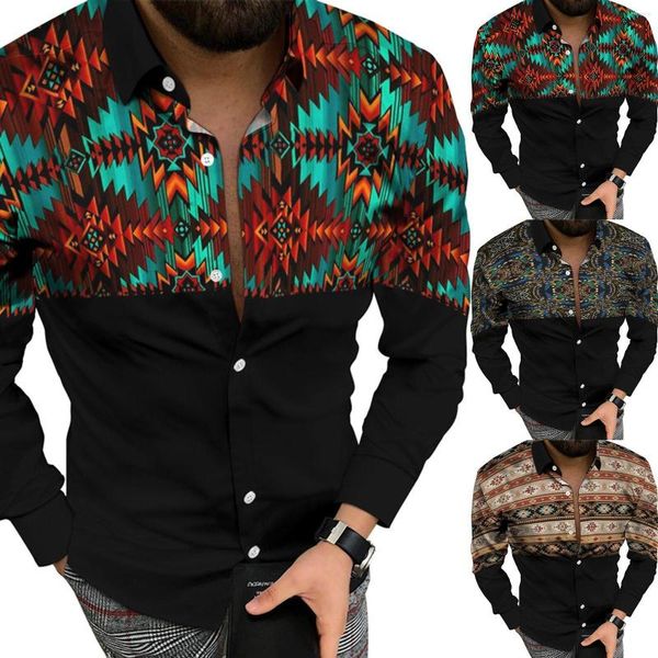 Camisetas de hombre Transpirable Corto Hombre 3D Impresión digital Bolsillo Hebilla Solapa Camisa de manga larga Túnica de seda Hombres