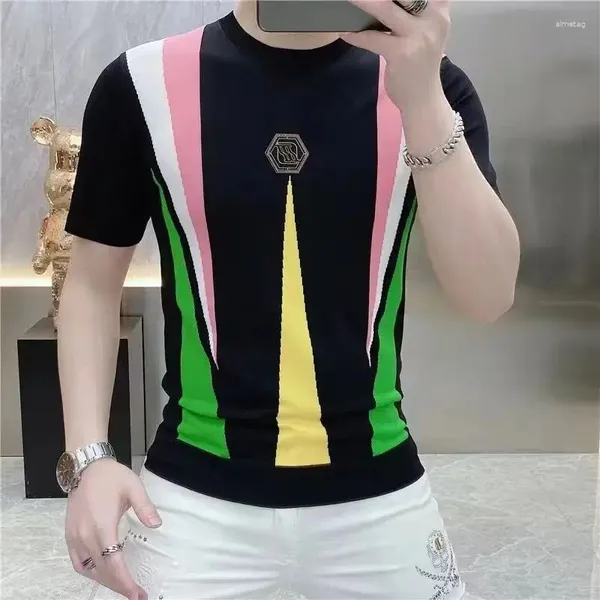 T-shirts pour hommes Style britannique été glace soie à manches courtes tricoté hommes Simple Patchwork col rond décontracté mince t-shirt petit haut Homme