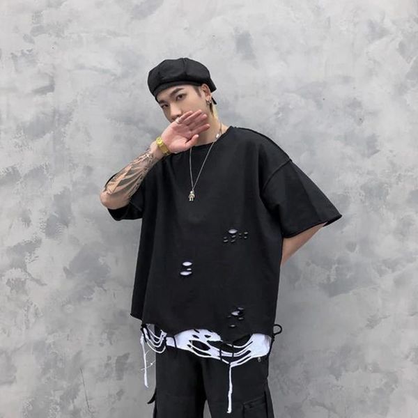 T-shirts pour hommes cassés Dongguo vêtements d'été à la mode en peluche Hip-hop Ins T-shirt personnalisé ample haute rue à manches courtes coupe en T