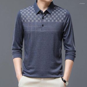 T-shirts pour hommes Browon Business Casual Men Men Fashion Plaid Imprimé à manches longues pour 2023 Tops de retour en 2023 Spring and Automne