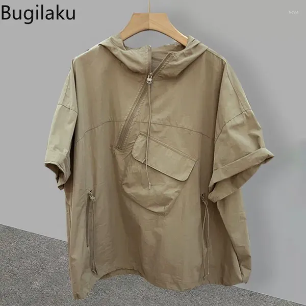 Camisetas para hombre Bugilaku Zip Camiseta de manga corta con capucha pareja verano moda coreana vestido de trabajo diseño de bolsillo sensación media