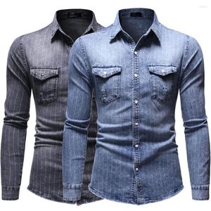 Camisetas para hombres Hombres a granel Panel de rayas casual Camisa de mezclilla con botones con bolsillos Blusa superior Banda 1