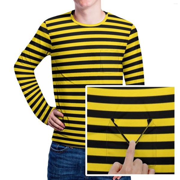 Camisetas para hombre, camiseta de abejorros para hombre, rayas amarillas y negras, camiseta Kawaii de otoño, novedad, camisetas de manga larga con patrón de talla grande