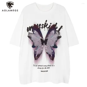 T-shirts pour hommes T-shirt imprimé papillon américain rétro lavé en détresse t-shirts rue hip hop harajuku hauts surdimensionnés manches courtes en vrac