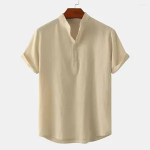 Camisetas para hombre Camisa con escote con botones Elegante cuello alto con botones para negocios Ropa de playa Manga corta Color sólido Top holgado