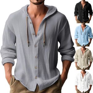 T-shirts pour hommes boutonnés à manches longues en coton et lin solides chemise à capuche manches avec
