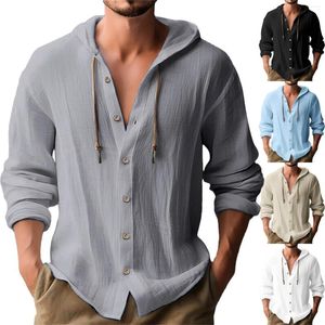 Camisetas para hombre Camisa de vestir con cuello de lino y algodón sólido de manga larga con botones Blusa corta de verano de manga para hombre