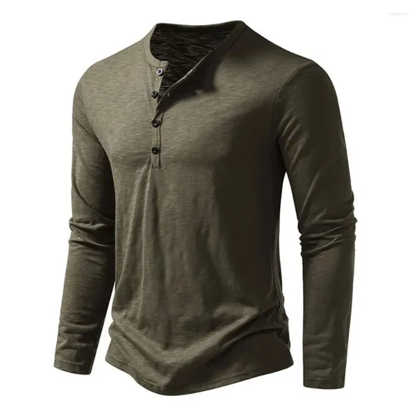 Camisetas para hombre, camiseta con escote y botones, camiseta de manga larga elegante y ajustada con cuello redondo liso para otoño